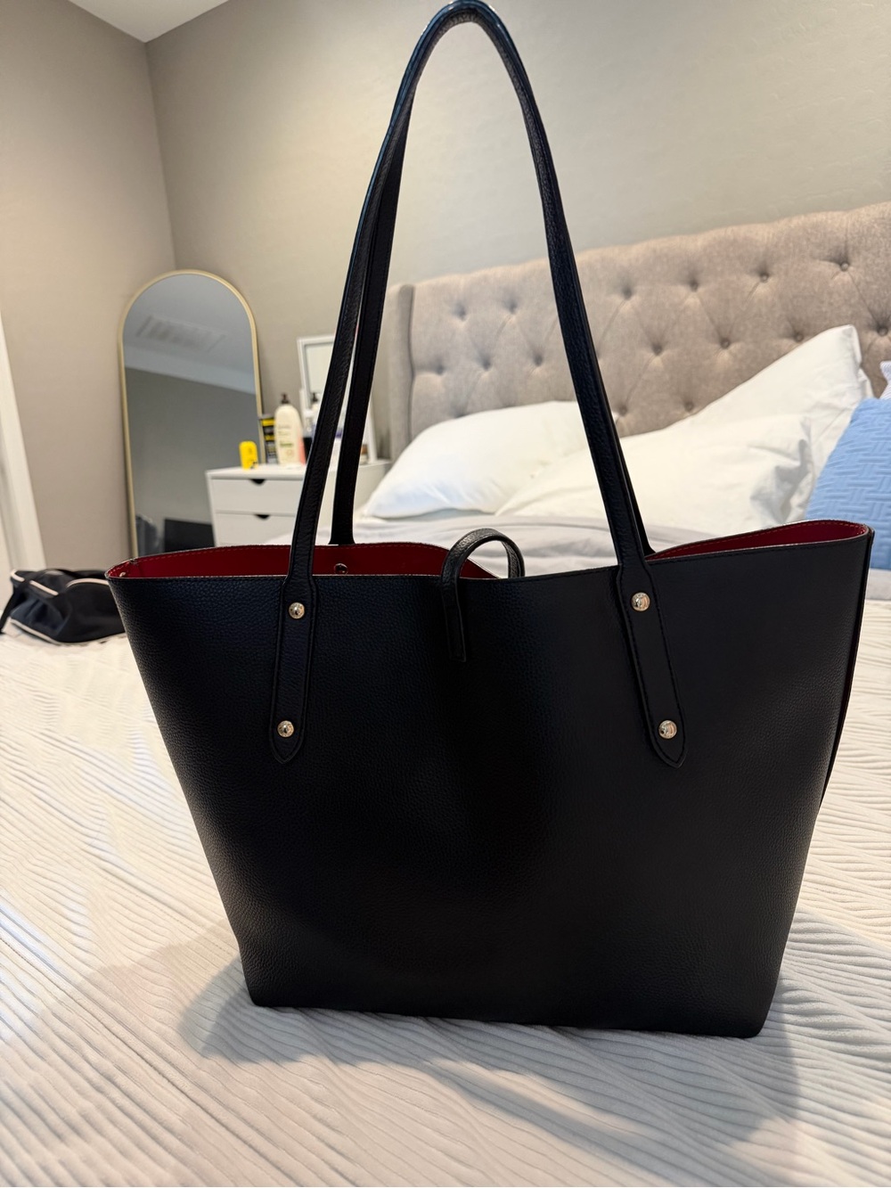 Coach Black Pebbled Leather Tote Bag with Red Leather interior - Picture 2 of 10